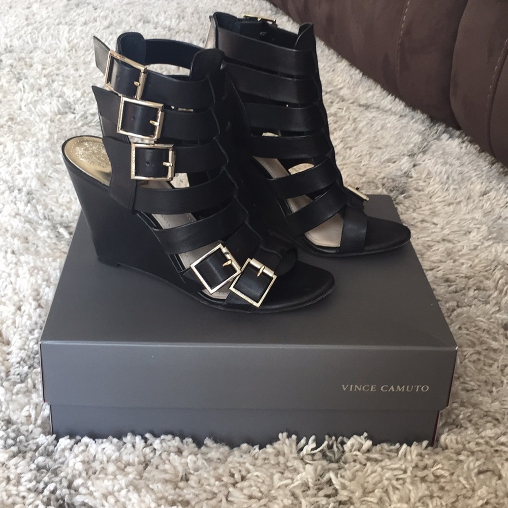 black leather wedge sandals